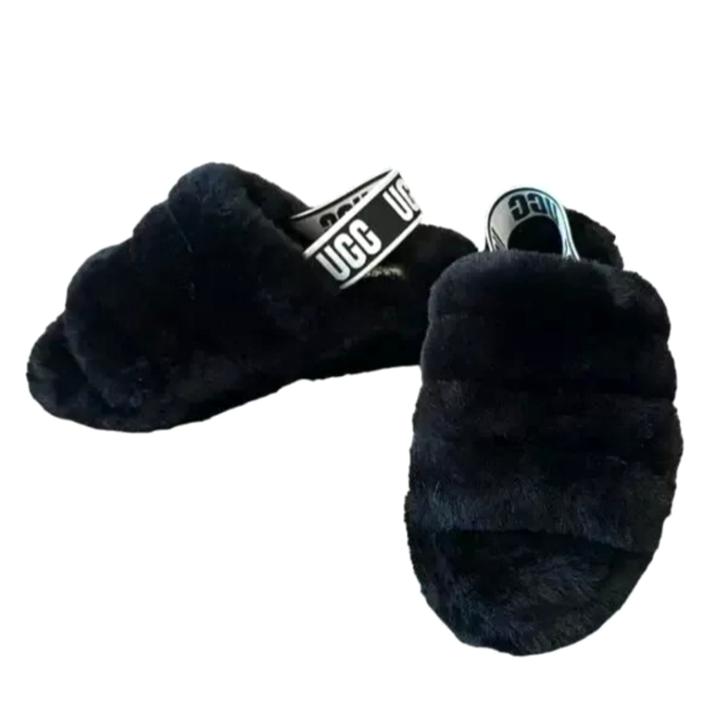 UGG Fluff Yeah Black Slides Sandal w/Strap | Size 5